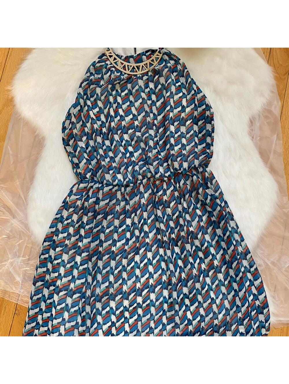 AS U WISH Women's Patterned Dress with Decorative Neckline, Size S